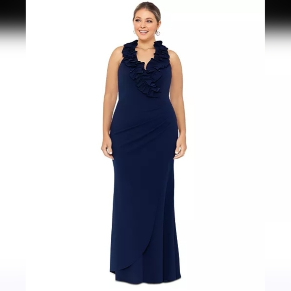 NWT Xscape Ruffled Neck Sleeveless Gown in Navy Size 14 - Picture 1 of 13